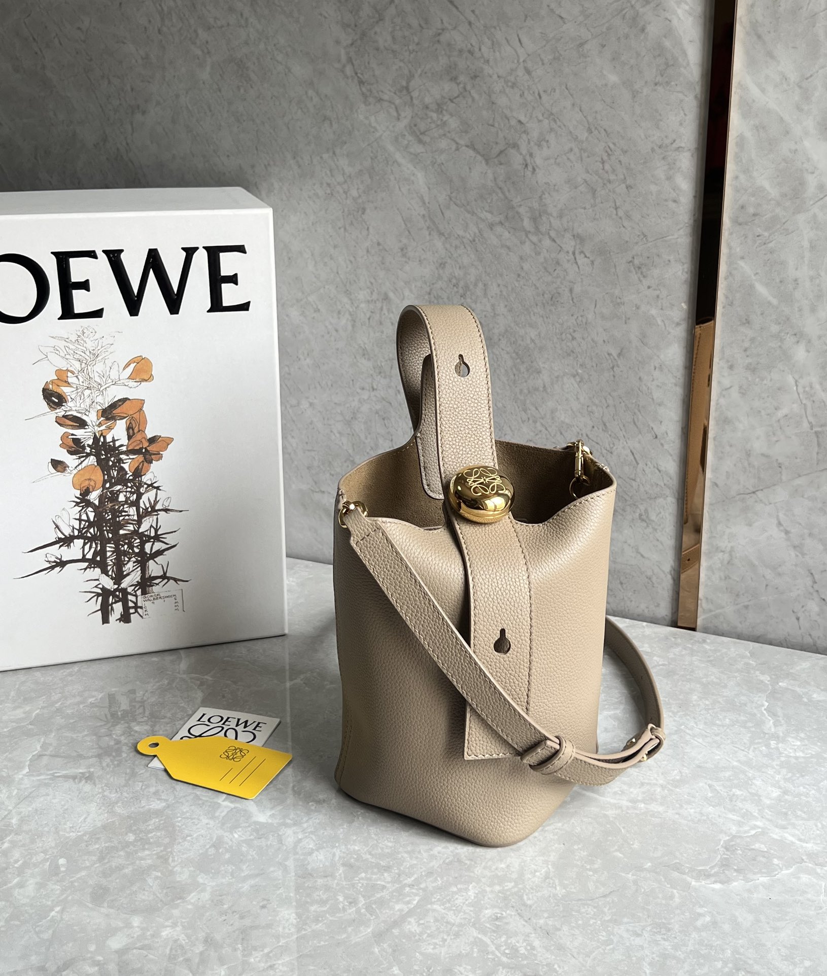 Loewe Mini Pebble Bucket Bag in Soft Grained Calfskin Sand